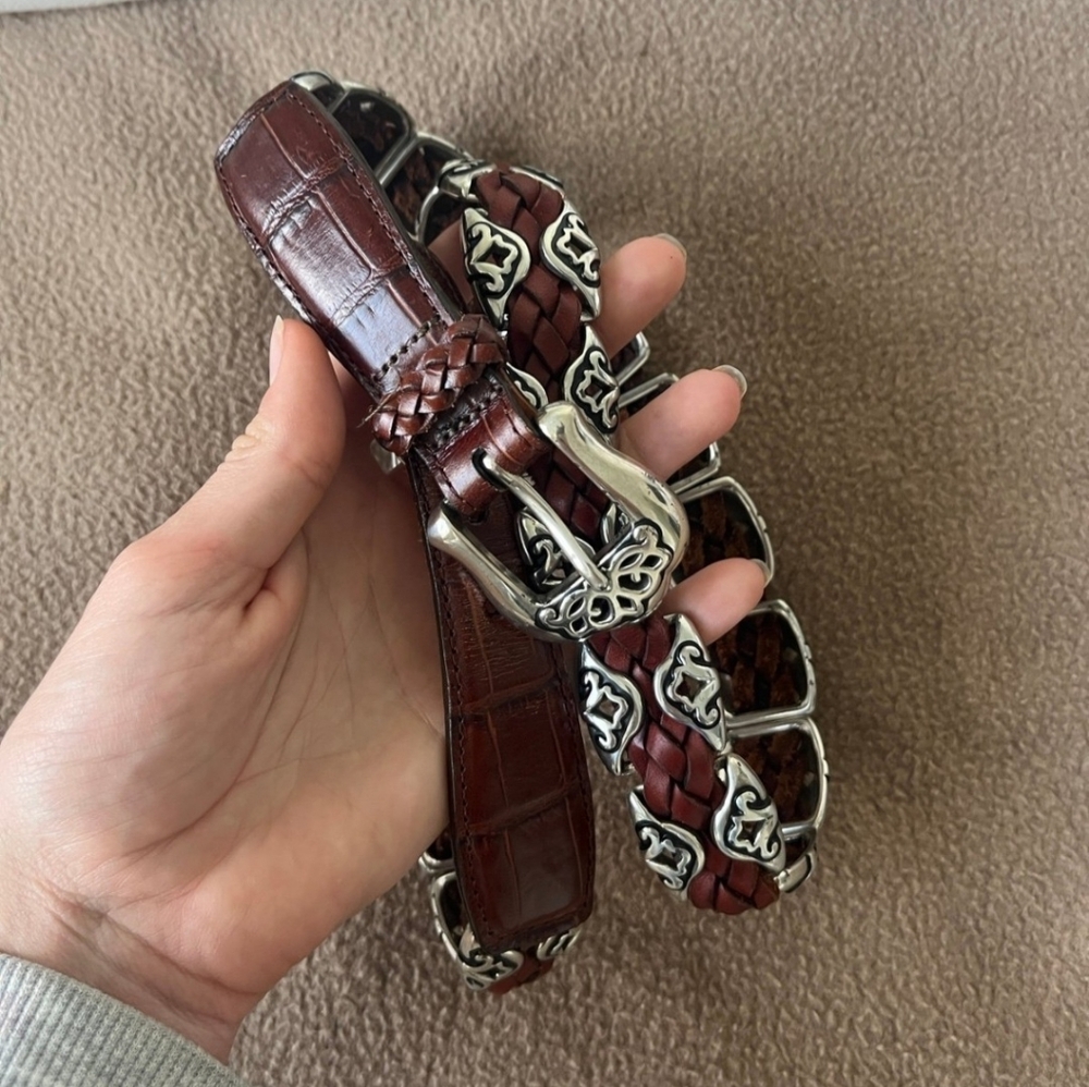 Womens Elegant Brown Leather Belt with Silver Accents By Brighton